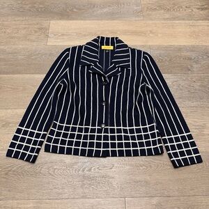 St. John Yellow Label Windowpane Blazer Navy Blue Button Size Medium Coat